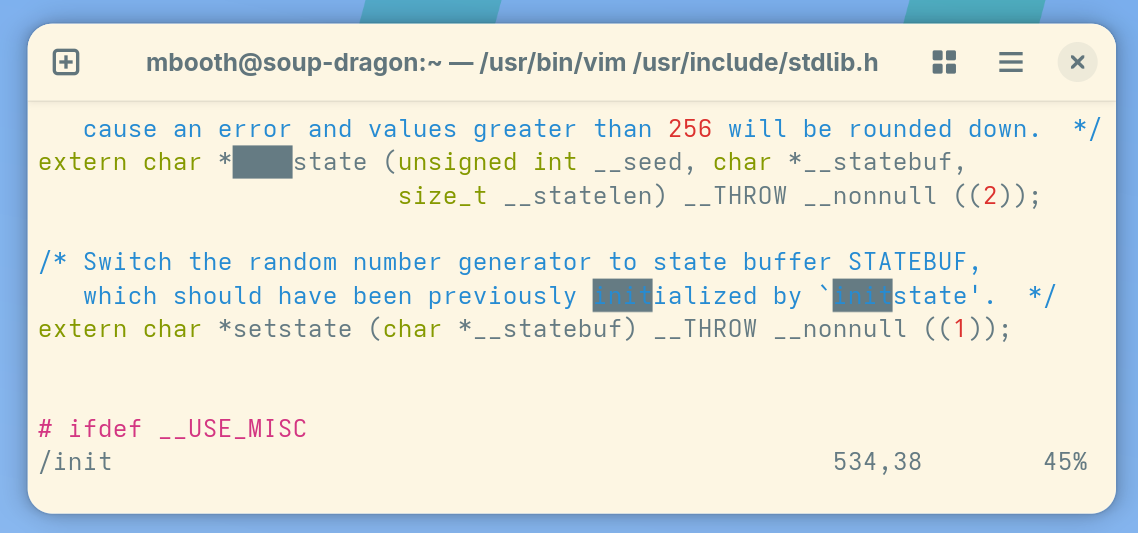 Screenshot of search result highlights in vim making text unreadable.